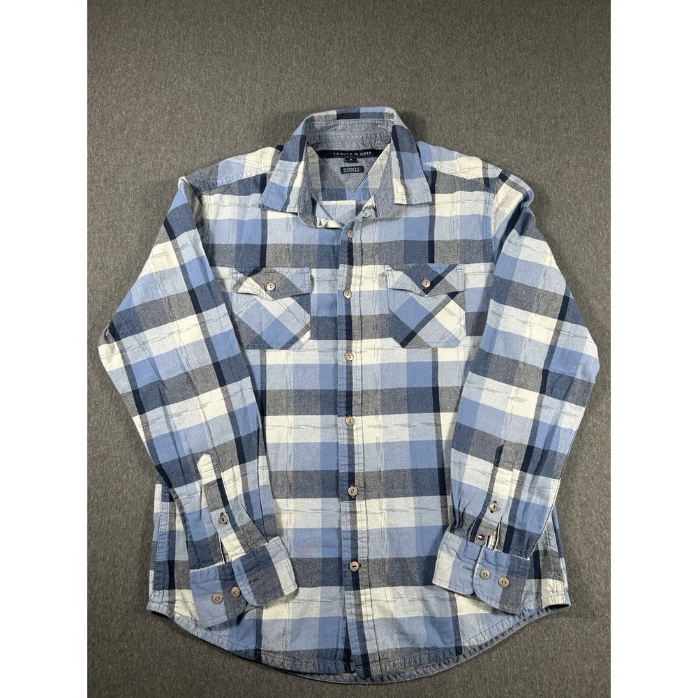 Tommy Hilfiger Men's Custom Fit Blue‎ Plaid Long Sleeve Button-Up Shirt M